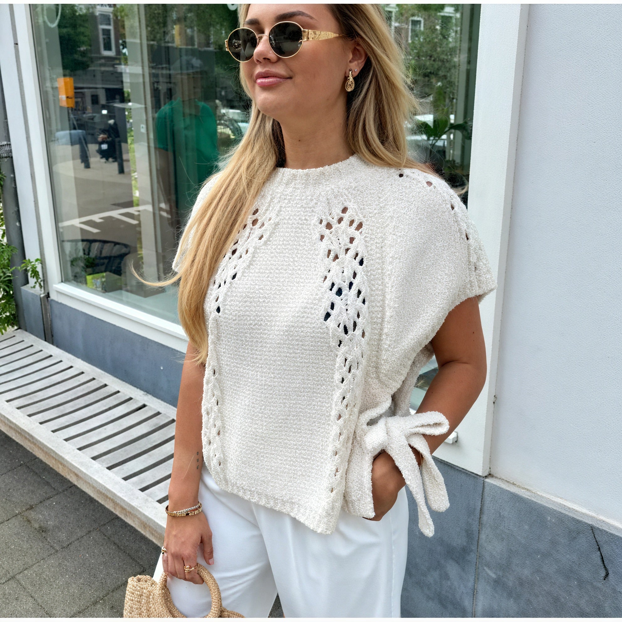 Textured Knit Top - Cream Boat Neck
