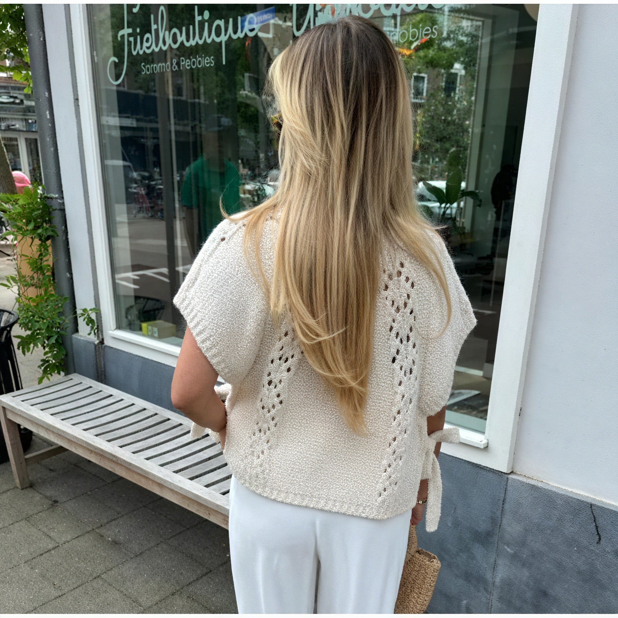Textured Knit Top - Cream Boat Neck