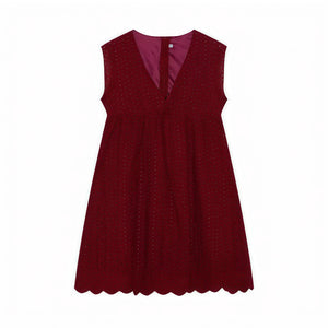 Women's Perforated V-Neck Sleeveless Dress with Scalloped Hem - Breathable Summer Chic-81587-4e947cd6-8ea0-4fcb-9e39-4cc1663ed95a