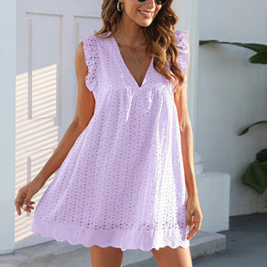Women's Perforated V-Neck Sleeveless Dress with Scalloped Hem - Breathable Summer Chic-81587-cece441b-93ed-467f-a8e5-5858bbbeb839