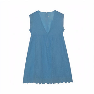 Women's Perforated V-Neck Sleeveless Dress with Scalloped Hem - Breathable Summer Chic-81587-8db61daa-808c-43db-a28b-8318e9009ff2