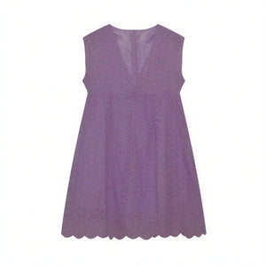 Women's Perforated V-Neck Sleeveless Dress with Scalloped Hem - Breathable Summer Chic-81587-dd166a5f-aed9-4154-b92c-98a00b297768