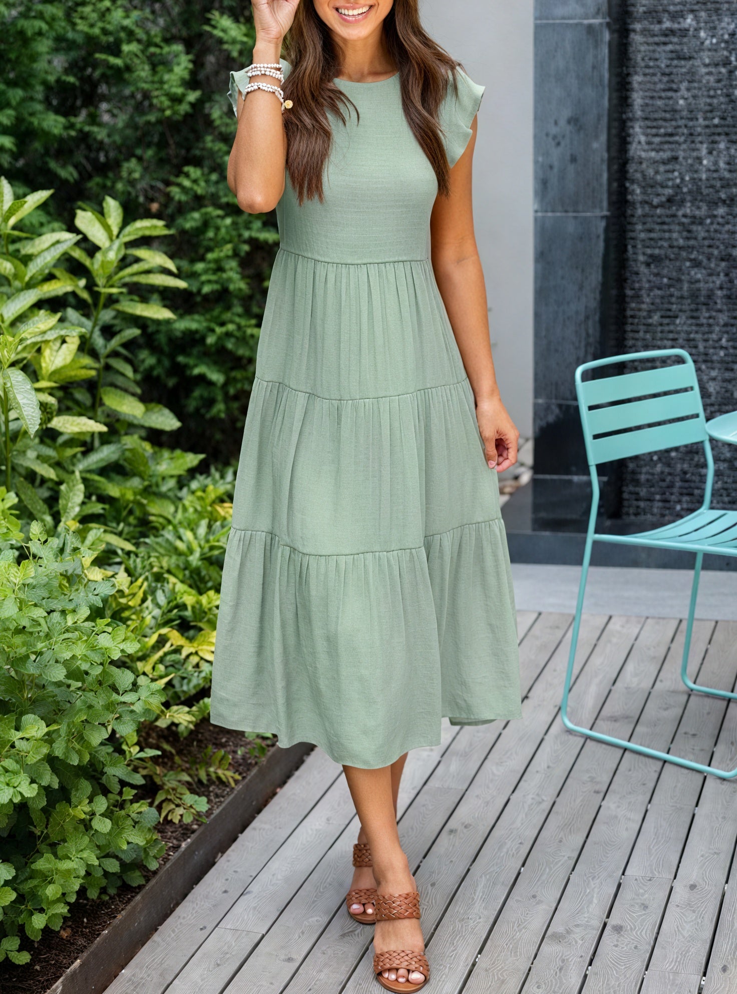 Women's Tiered Ruffle Sleeve Dress - Flowy Round Neck Casual Summer Comfort-81634-fa5a4ba8-d016-44bf-964d-cf580f55dacd