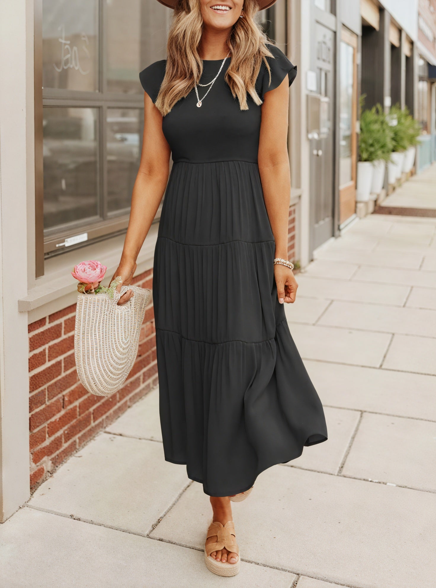 Women's Tiered Ruffle Sleeve Dress - Flowy Round Neck Casual Summer Comfort-81634-6ddcf964-e426-4328-9b96-8bfd8e61c58f