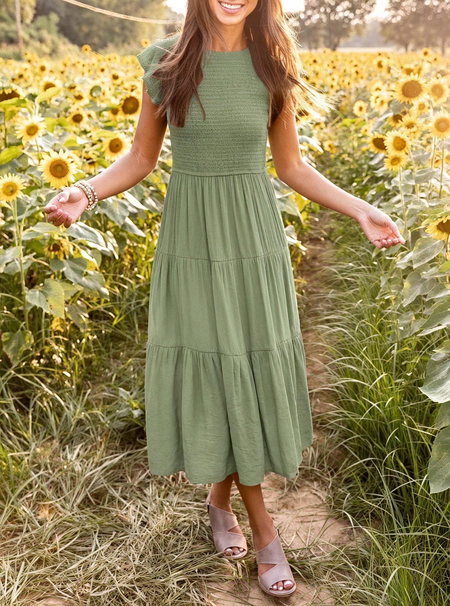 Women's Tiered Ruffle Sleeve Dress - Flowy Round Neck Casual Summer Comfort-81634-05bcc164-d403-4bf8-8c98-3d685d468cf4