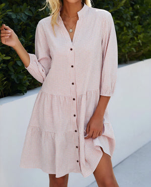 Gingham Tiered Midi Dress with Button-Front & Three-Quarter Sleeves - Versatile Casual Style-81722-746ff4dd-290d-49b7-88c0-526f9b546f02