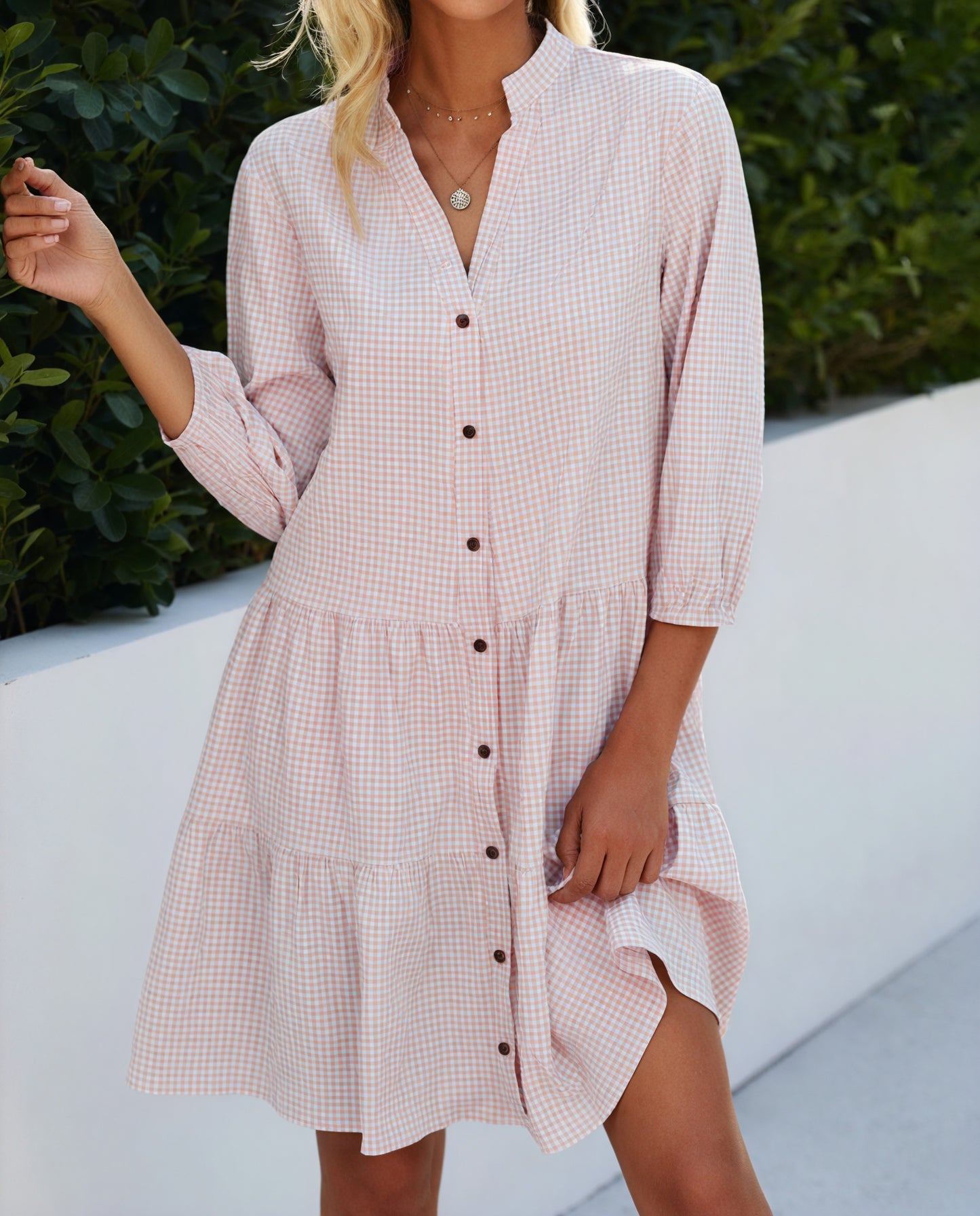 Gingham Tiered Midi Dress with Button-Front & Three-Quarter Sleeves - Versatile Casual Style-81722-746ff4dd-290d-49b7-88c0-526f9b546f02
