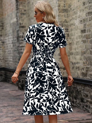 Floral Midi Dress - V-Neck & Elastic Waist