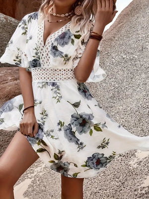 Floral Lace Trim Flowing A-Line Dress