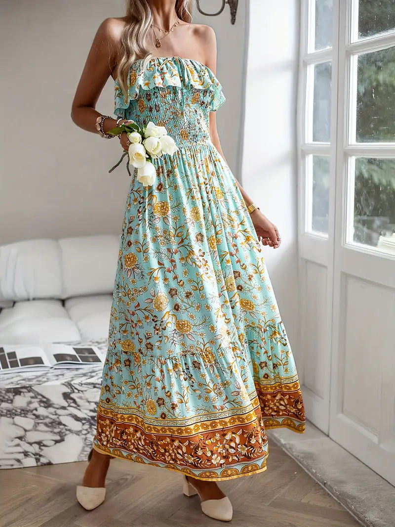 Floral Print Midi Dress - Strapless with Slit