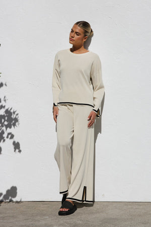 Relaxed Knit Set - Wide Leg Pants, Cream