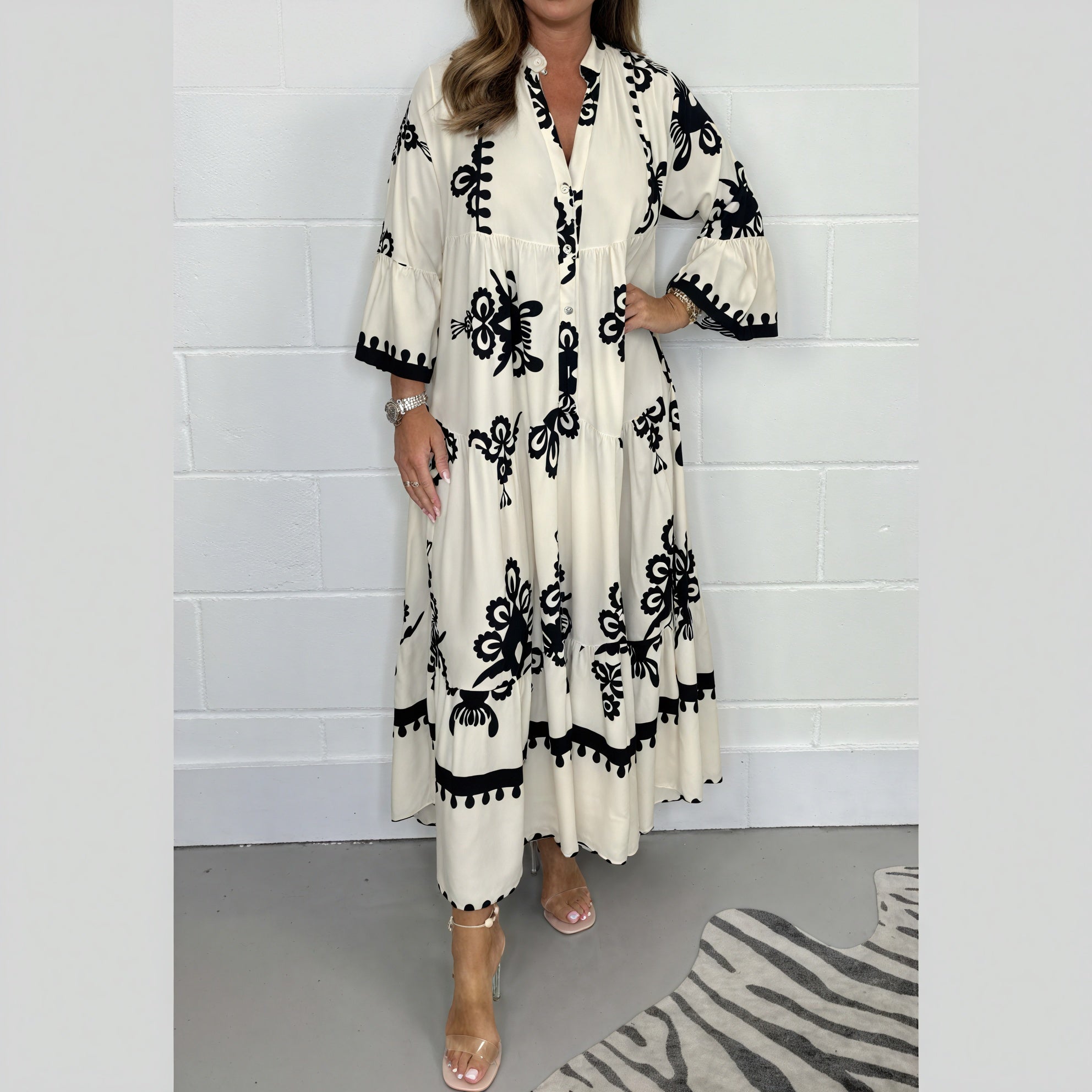 Flowing Floral Dress with Flared Sleeves