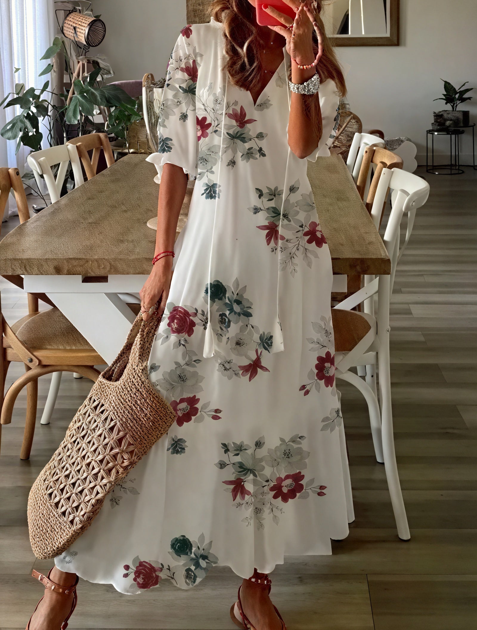 Flowing Midi Dress - Ruffle Sleeves