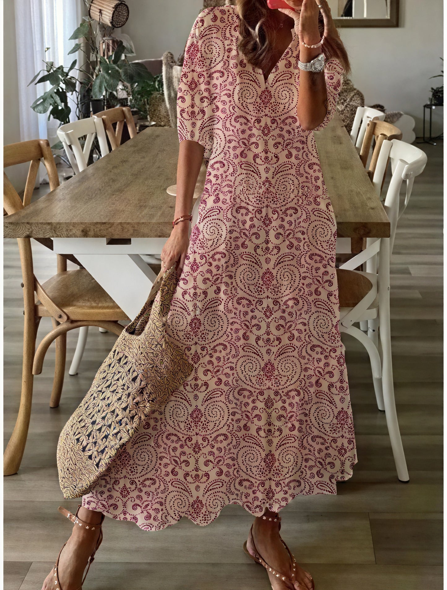 Flowing Midi Dress - Ruffle Sleeves