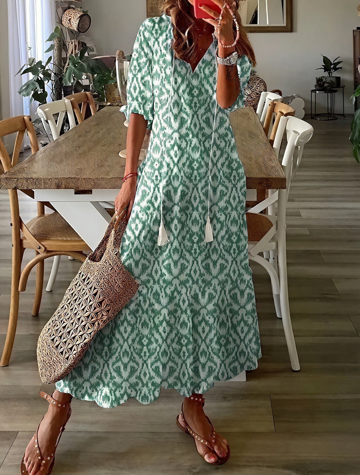 Flowing Midi Dress - Ruffle Sleeves