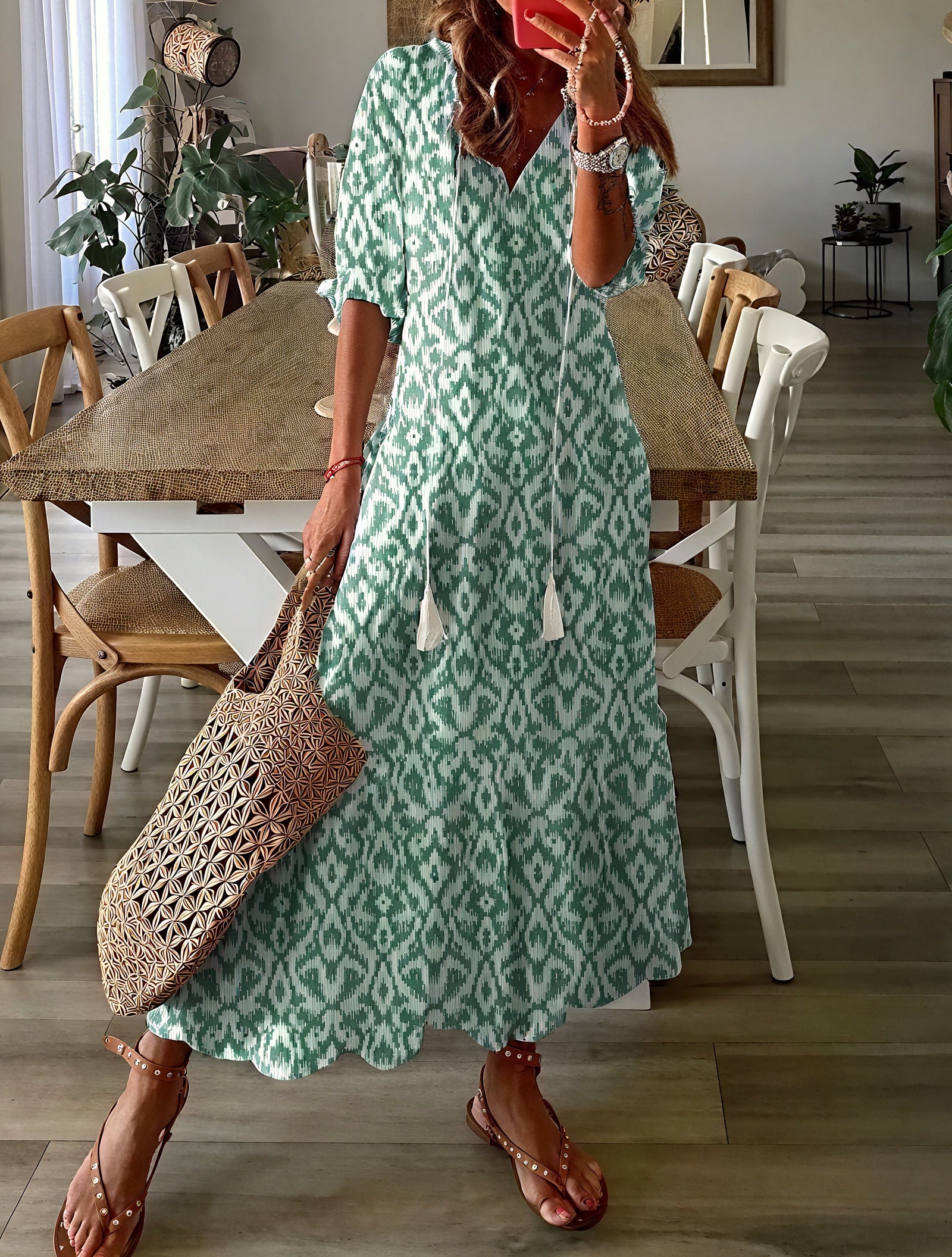 Flowing Midi Dress - Ruffle Sleeves