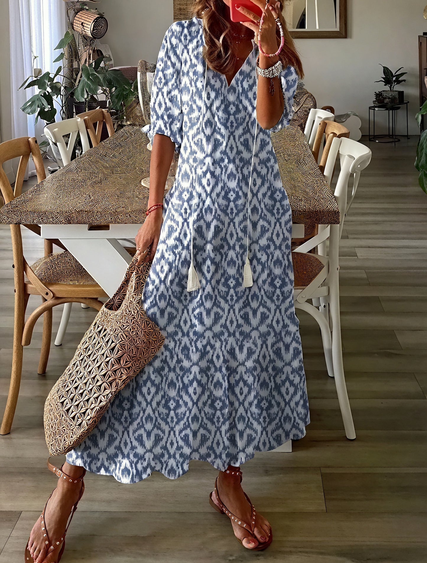 Flowing Midi Dress - Ruffle Sleeves