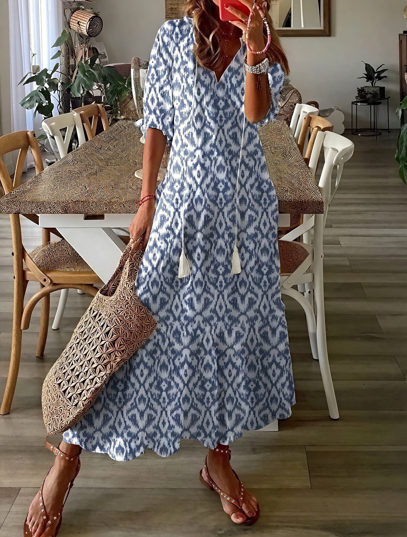 Flowing Midi Dress - Ruffle Sleeves