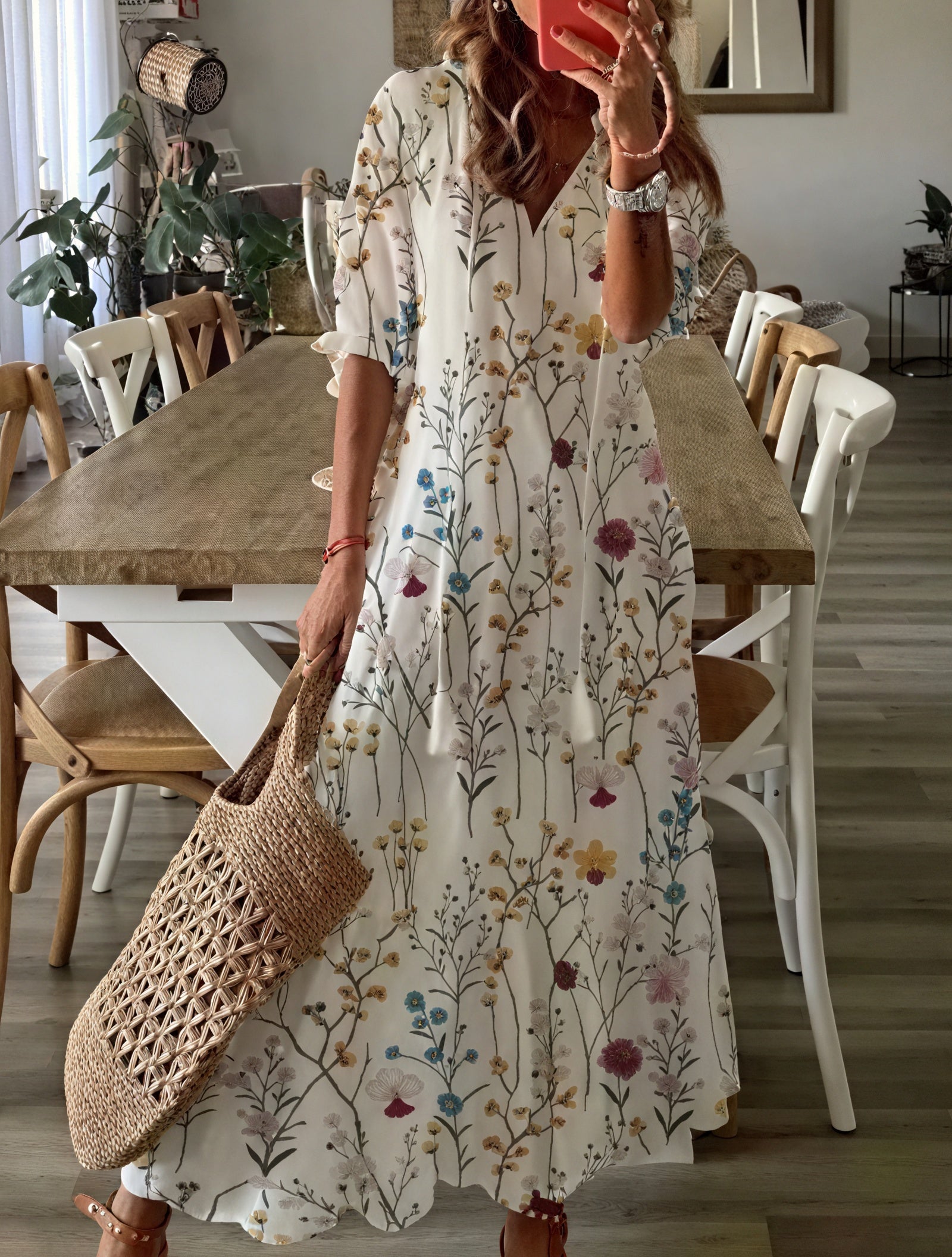 Flowing Midi Dress - Ruffle Sleeves