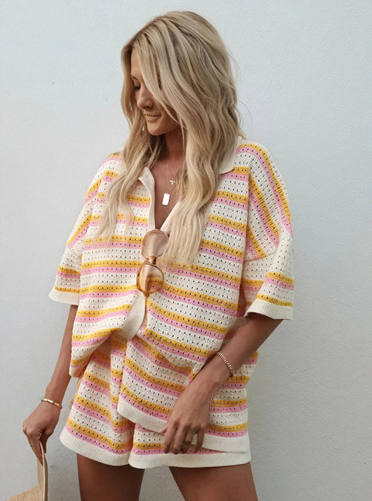 Striped Knit Top: Relaxed Fit, Button Front