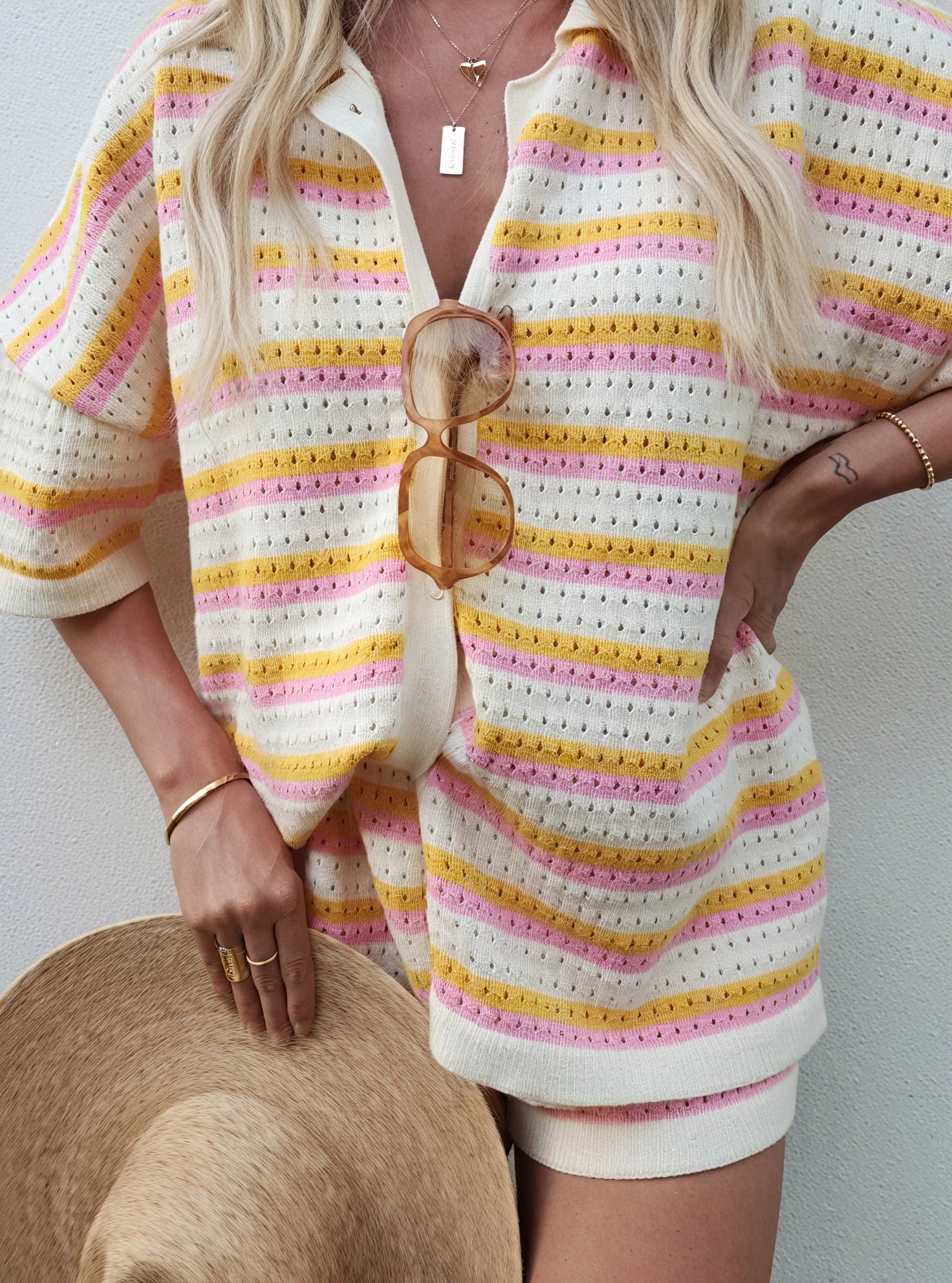 Striped Knit Top: Relaxed Fit, Button Front