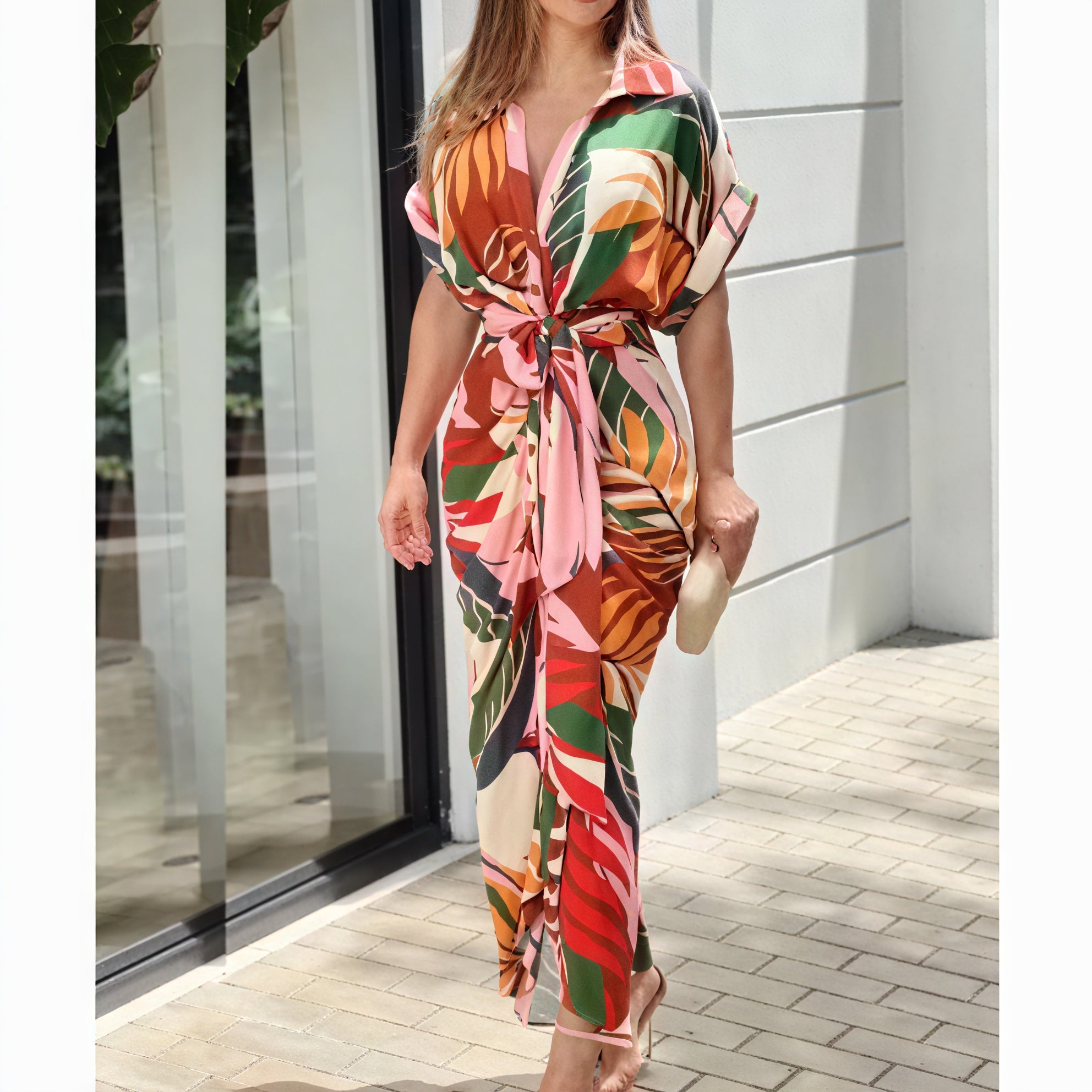 Women's Collared Button-Down Dress – Tie Waist, Asymmetrical Hem, Versatile Style-82303-bcac1700-98ef-4ab1-9e3b-708609e86083