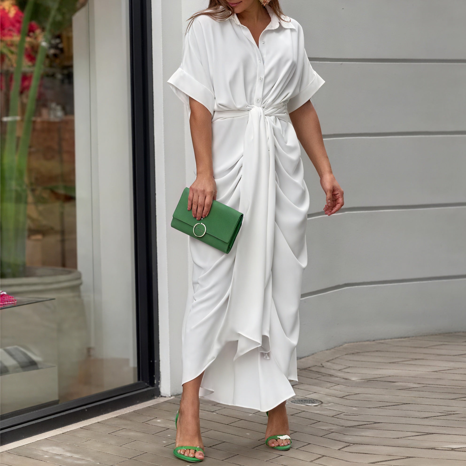 Women's Collared Button-Down Dress – Tie Waist, Asymmetrical Hem, Versatile Style-82303-5d7347c4-cd5c-44a8-b369-17078819ffdd