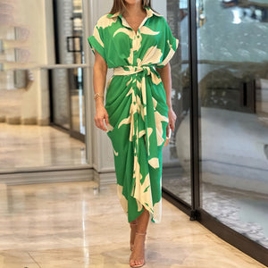 Women's Collared Button-Down Dress – Tie Waist, Asymmetrical Hem, Versatile Style-82303-d428196e-505b-4827-9fdb-da0c28163ed1