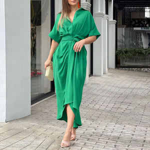 Women's Collared Button-Down Dress – Tie Waist, Asymmetrical Hem, Versatile Style-82303-3311a392-d167-4596-a3af-8fd04daf1e30