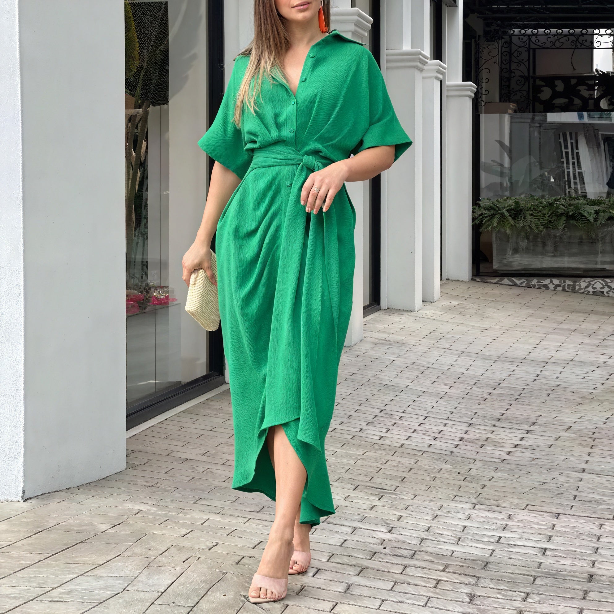 Women's Collared Button-Down Dress – Tie Waist, Asymmetrical Hem, Versatile Style-82303-3311a392-d167-4596-a3af-8fd04daf1e30
