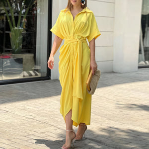 Women's Collared Button-Down Dress – Tie Waist, Asymmetrical Hem, Versatile Style-82303-fff04c0a-4053-4e4b-b9e7-7aaea7000c15