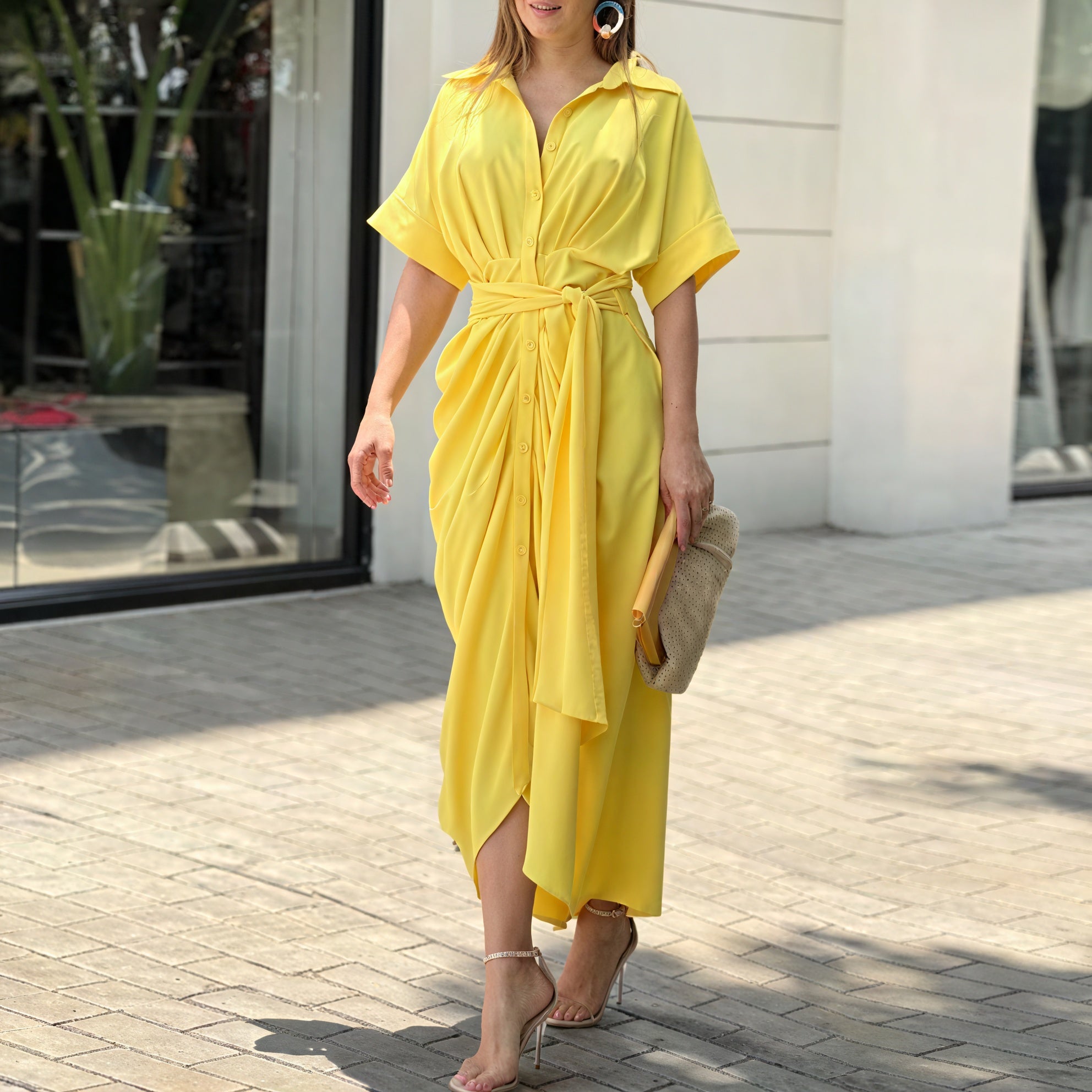 Women's Collared Button-Down Dress – Tie Waist, Asymmetrical Hem, Versatile Style-82303-fff04c0a-4053-4e4b-b9e7-7aaea7000c15