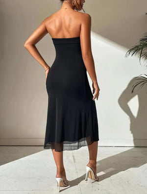 Fitted Midi Dress - Strapless, Sheer Hem