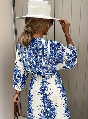 Floral Maxi Dress - Kimono Sleeves, V-Neck