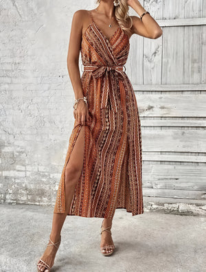 Bohemian Maxi Dress - Wrap Bodice, Side Slits