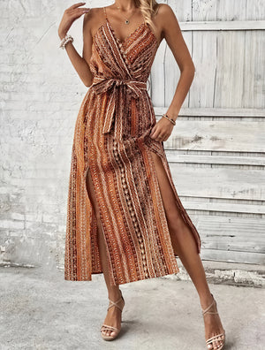 Bohemian Maxi Dress - Wrap Bodice, Side Slits