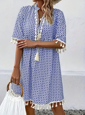 Women's Short-Sleeve Dress – Blue White Geometric Pattern, Tassel Detail, Lightweight-82531-dc123c0b-a995-4fee-9251-2bef717b12a1