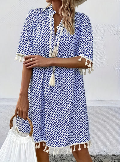 Blue Geometric Tassel Short-Sleeve Dress