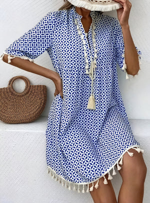 Women's Short-Sleeve Dress – Blue White Geometric Pattern, Tassel Detail, Lightweight-82531-9b2d16bb-890c-4664-806d-4f264a4f0b89