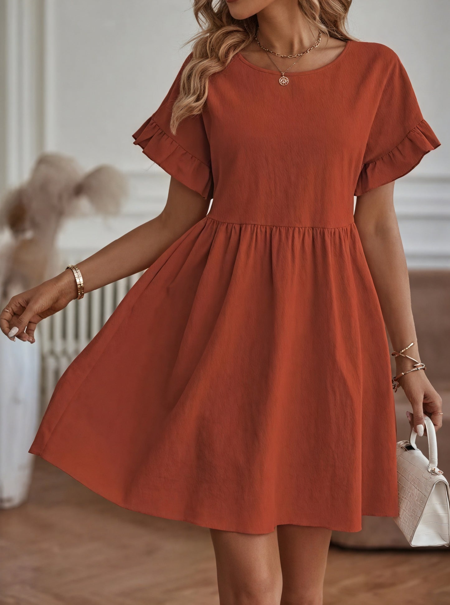 Women's A-Line Dress – Ruffle Short Sleeves, Gathered Waist, Multiple Colors-82588-de962006-7e67-4442-8144-8efef7960a15