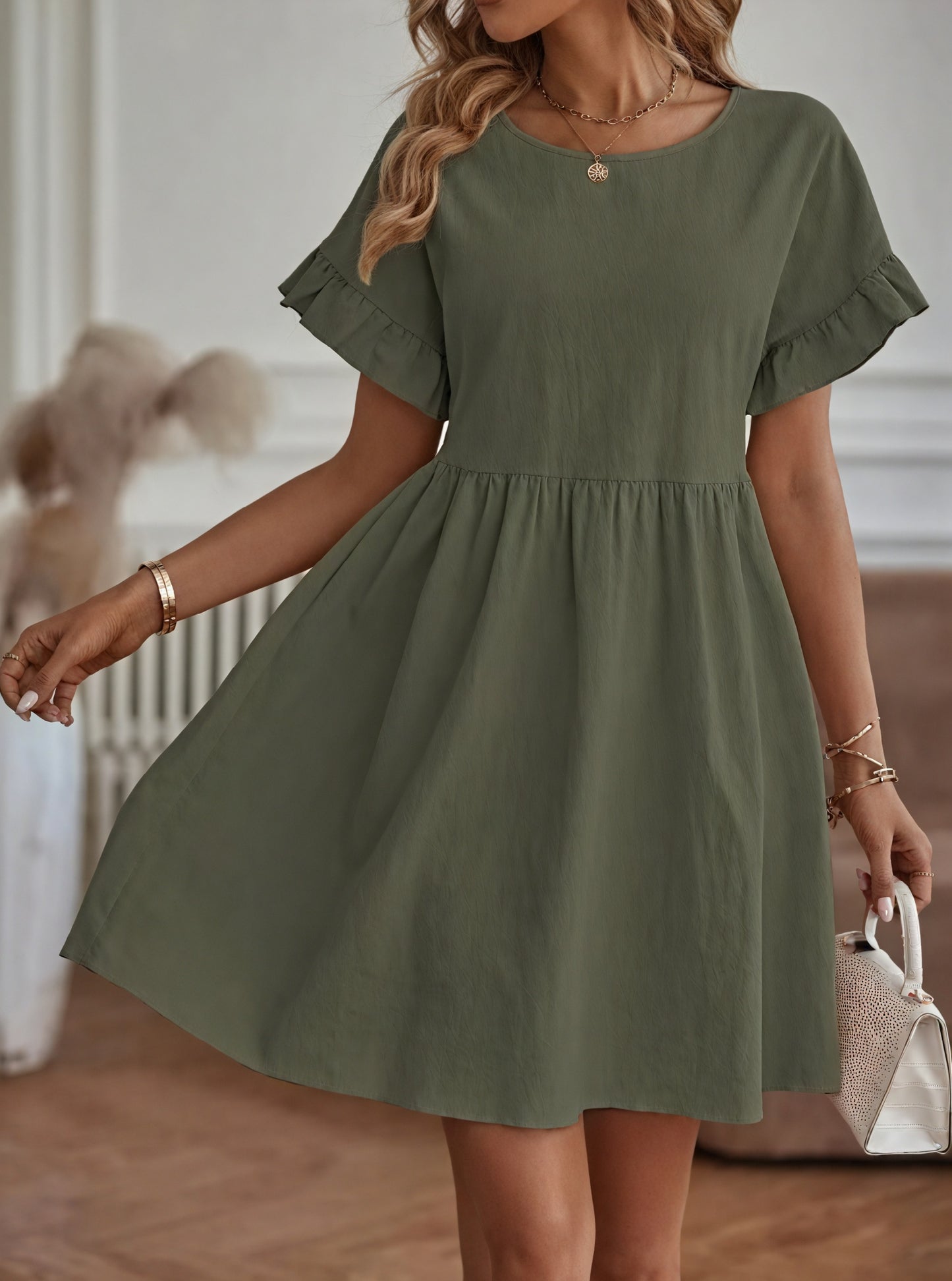Women's A-Line Dress – Ruffle Short Sleeves, Gathered Waist, Multiple Colors-82588-75a38148-95c8-418c-90f4-ae654a7d7c02