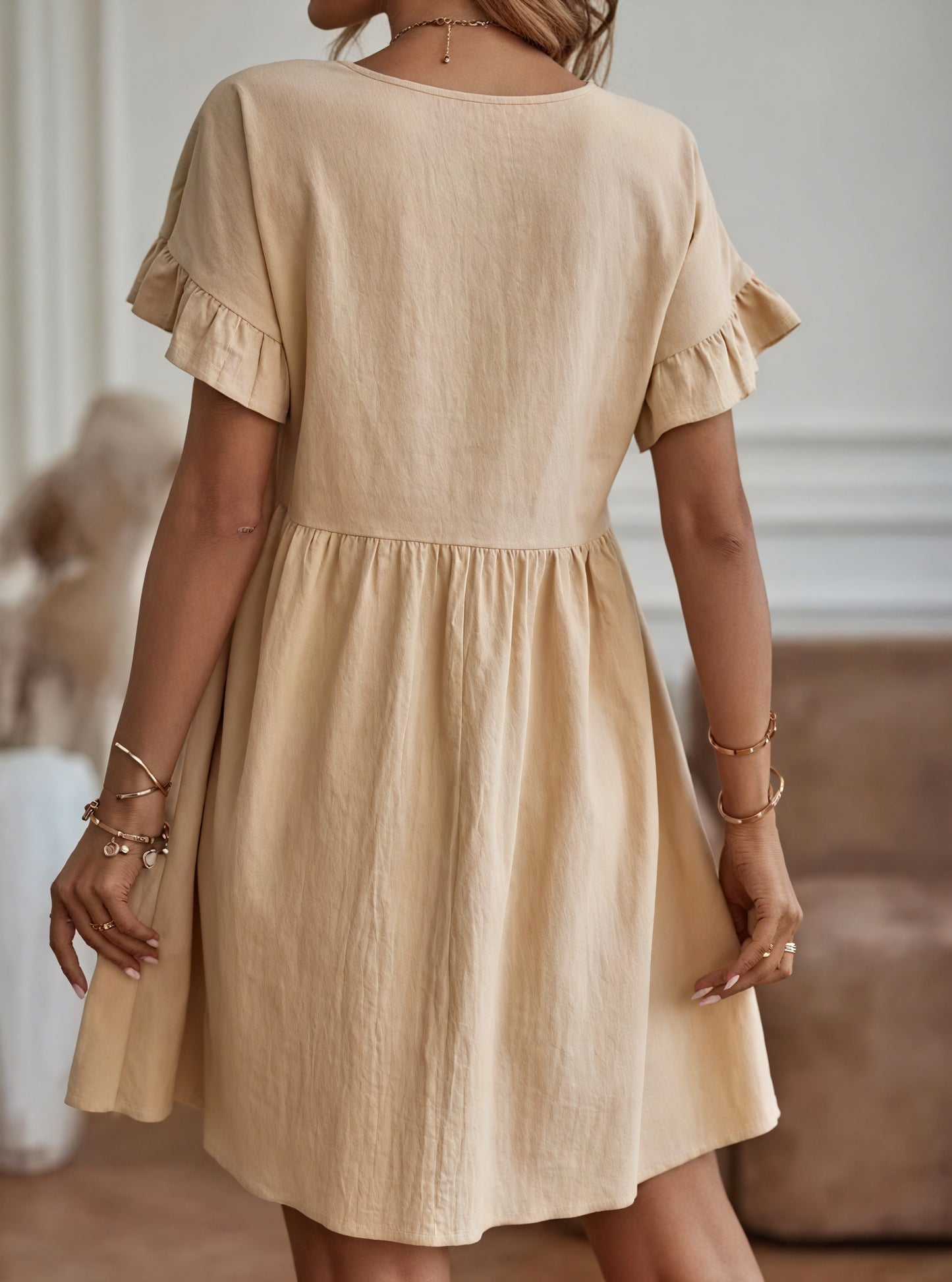 Women's A-Line Dress – Ruffle Short Sleeves, Gathered Waist, Multiple Colors-82588-c3791d0e-086a-4539-93f3-5c839663355a