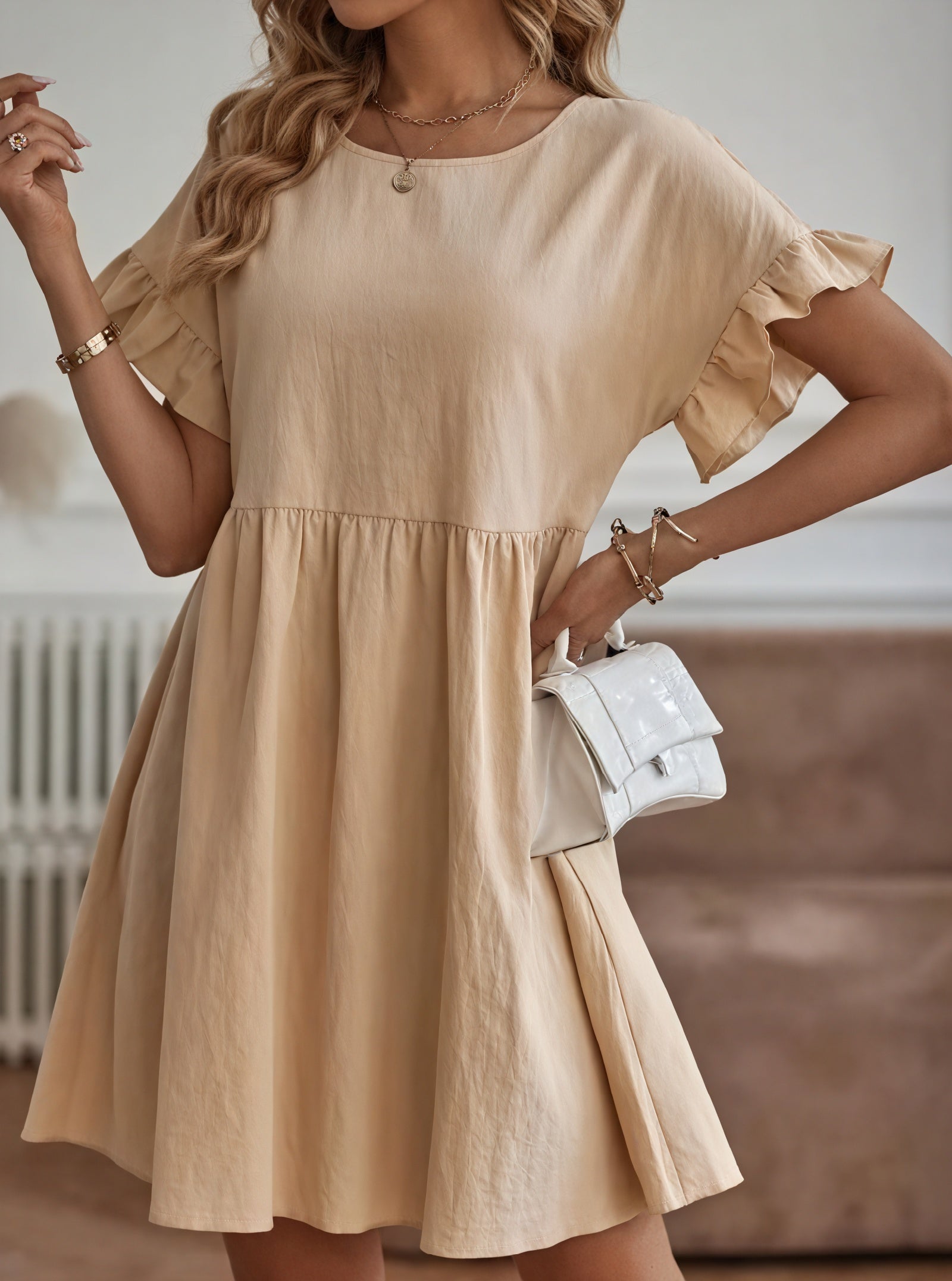 Women's A-Line Dress – Ruffle Short Sleeves, Gathered Waist, Multiple Colors-82588-435fa651-56d4-410f-a85d-89c65b88e8c1