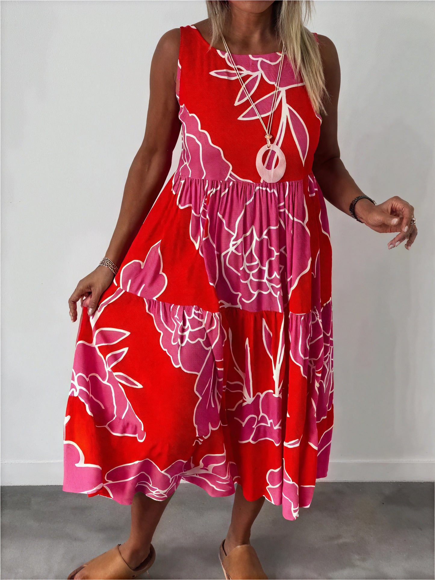 Floral Tiered Midi Dress - Sleeveless