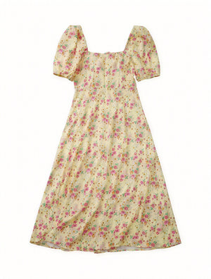 Floral Dress Square Neck Puff Sleeve Tie Bust High Slit Romantic Summer Garden Party-82654-b9d4b94b-1c89-4514-810b-85cf61dab06e
