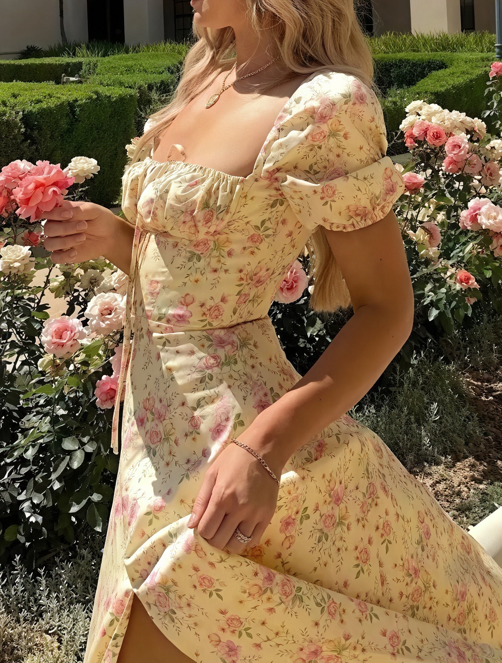 Floral Dress Square Neck Puff Sleeve Tie Bust High Slit Romantic Summer Garden Party-82654-62d3cf4d-bf97-4057-876a-de9e6b346e88