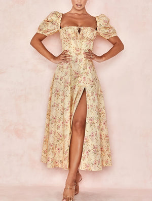 Floral Dress Square Neck Puff Sleeve Tie Bust High Slit Romantic Summer Garden Party-82654-06e283b0-bbe6-4bdd-a4cf-929cae42846e
