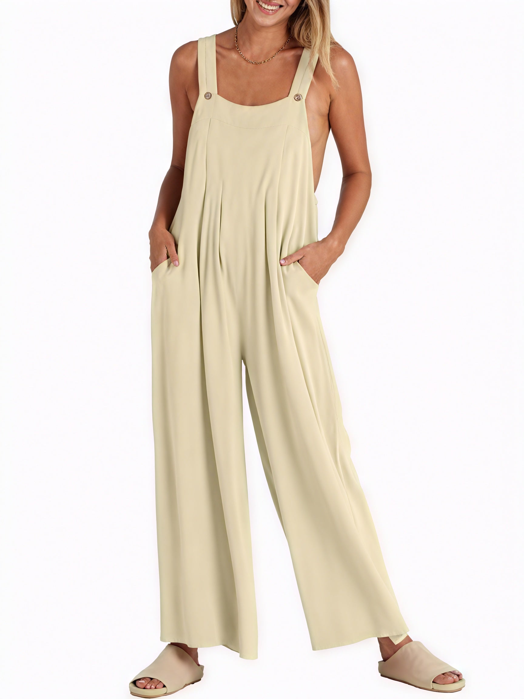 Flowing Jumpsuit - Wide Leg, Button Straps