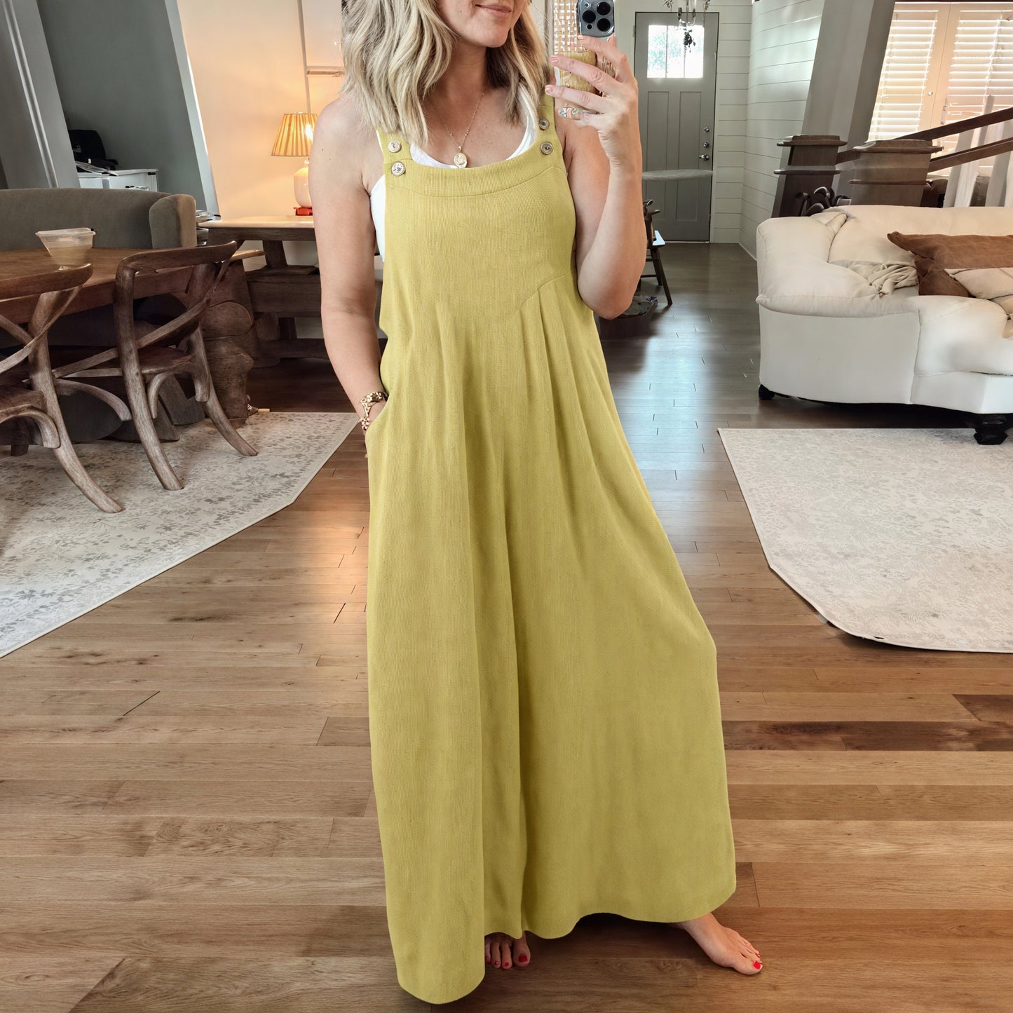 Flowing Jumpsuit - Wide Leg, Button Straps