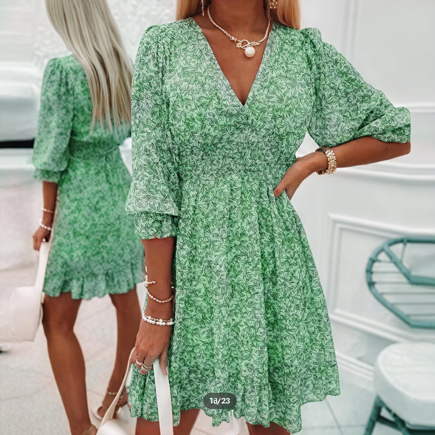 Floral Flared Dress - V-Neck, Fitted Waist